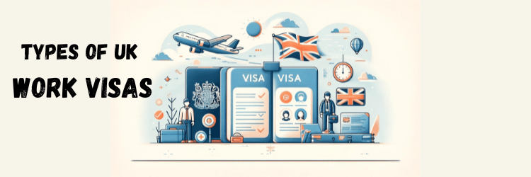 illustration of visa, airplane and travellers, types of uk work visas